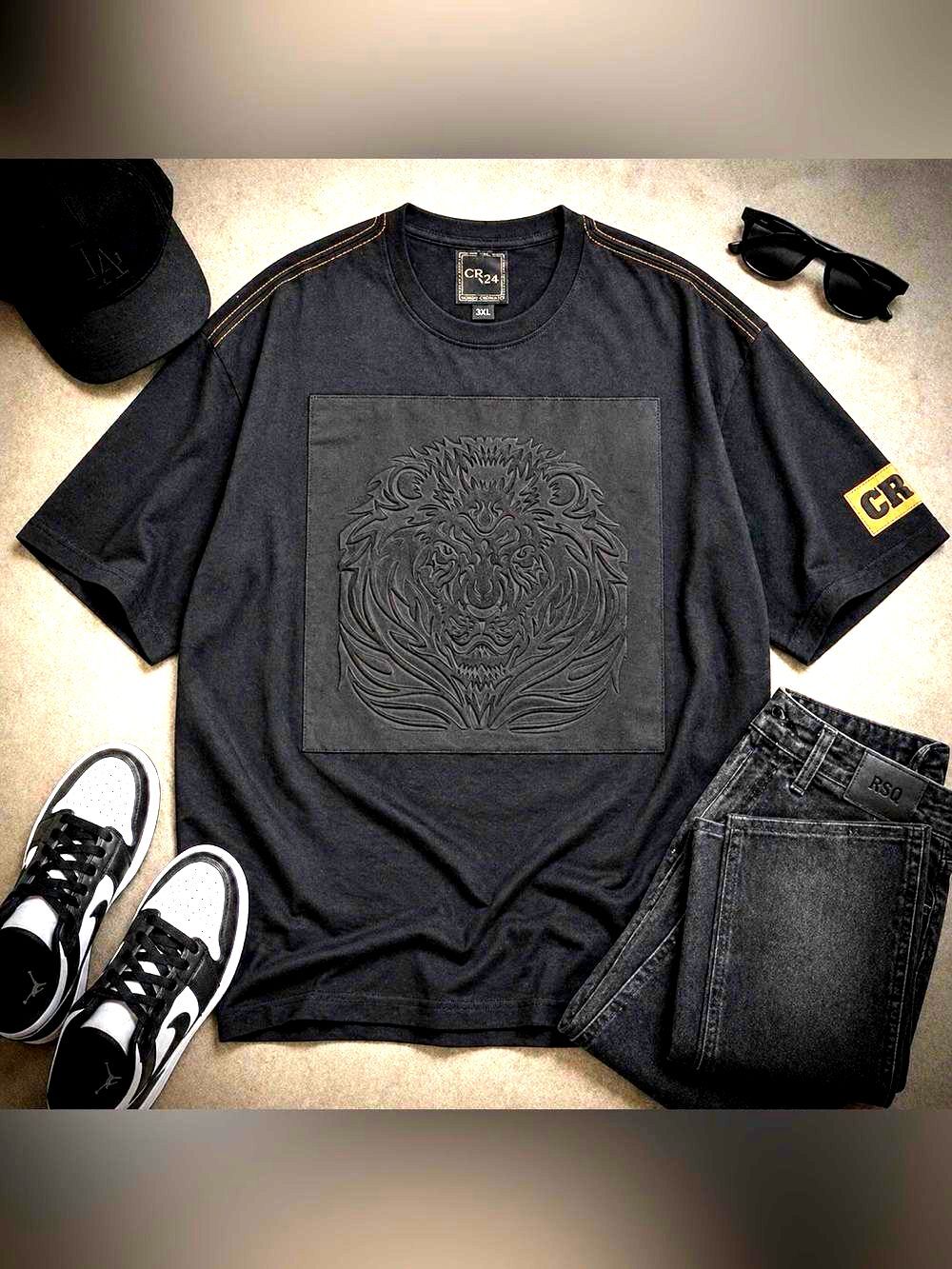 CR-24 Bordo Cromato Embossed Lion Tee Black 3XL Streetwear Graphic Shirt Edgy